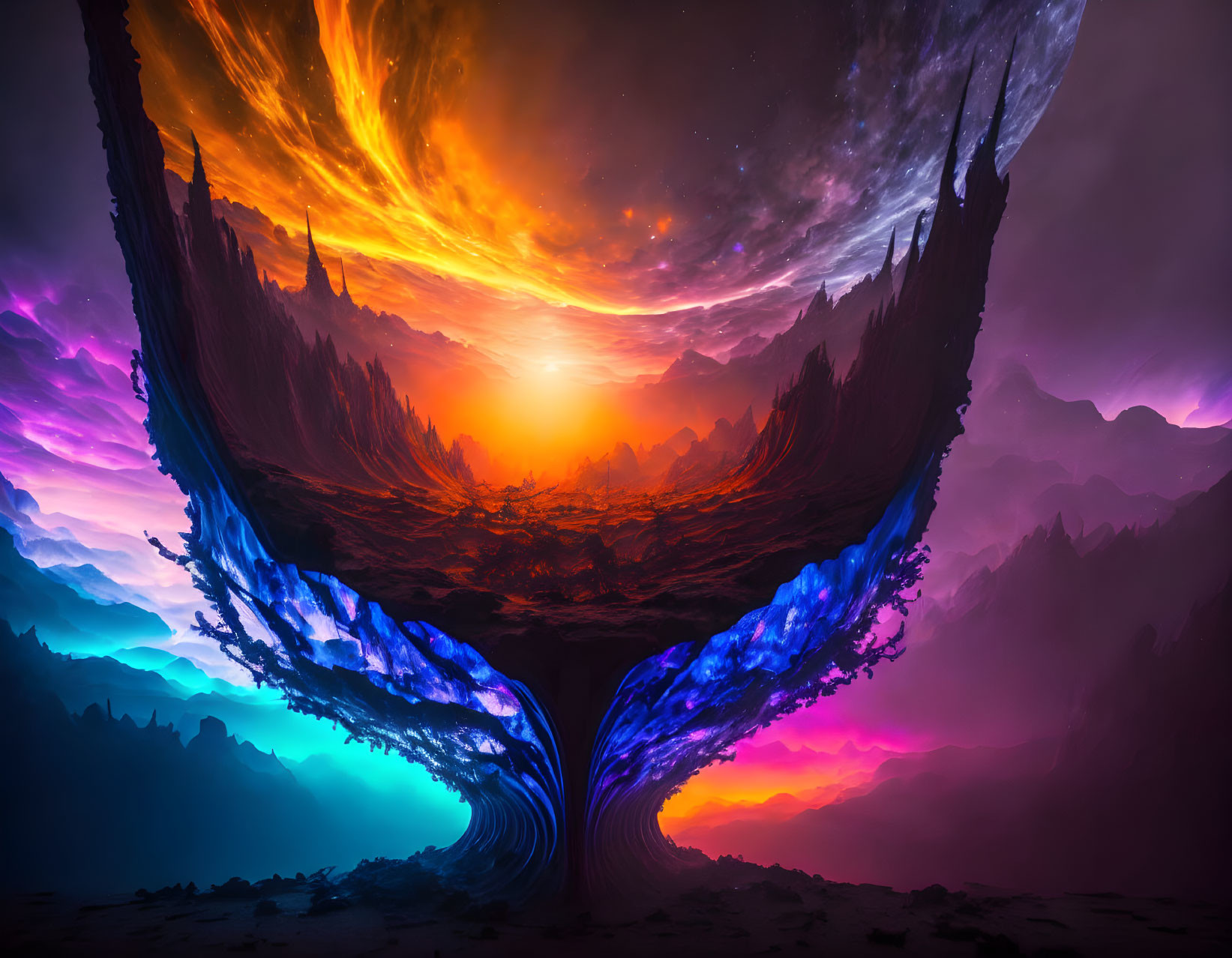 Surreal landscape with fiery sky and blue rocky formations