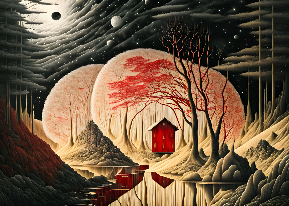 Surreal landscape with red house, reflective lake, red trees, barren hills, swirling sky