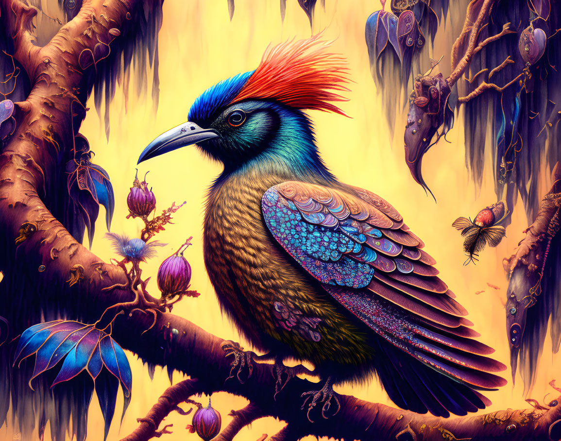 Colorful Bird with Red Crest and Blue Feathers Perched in Fantastical Forest