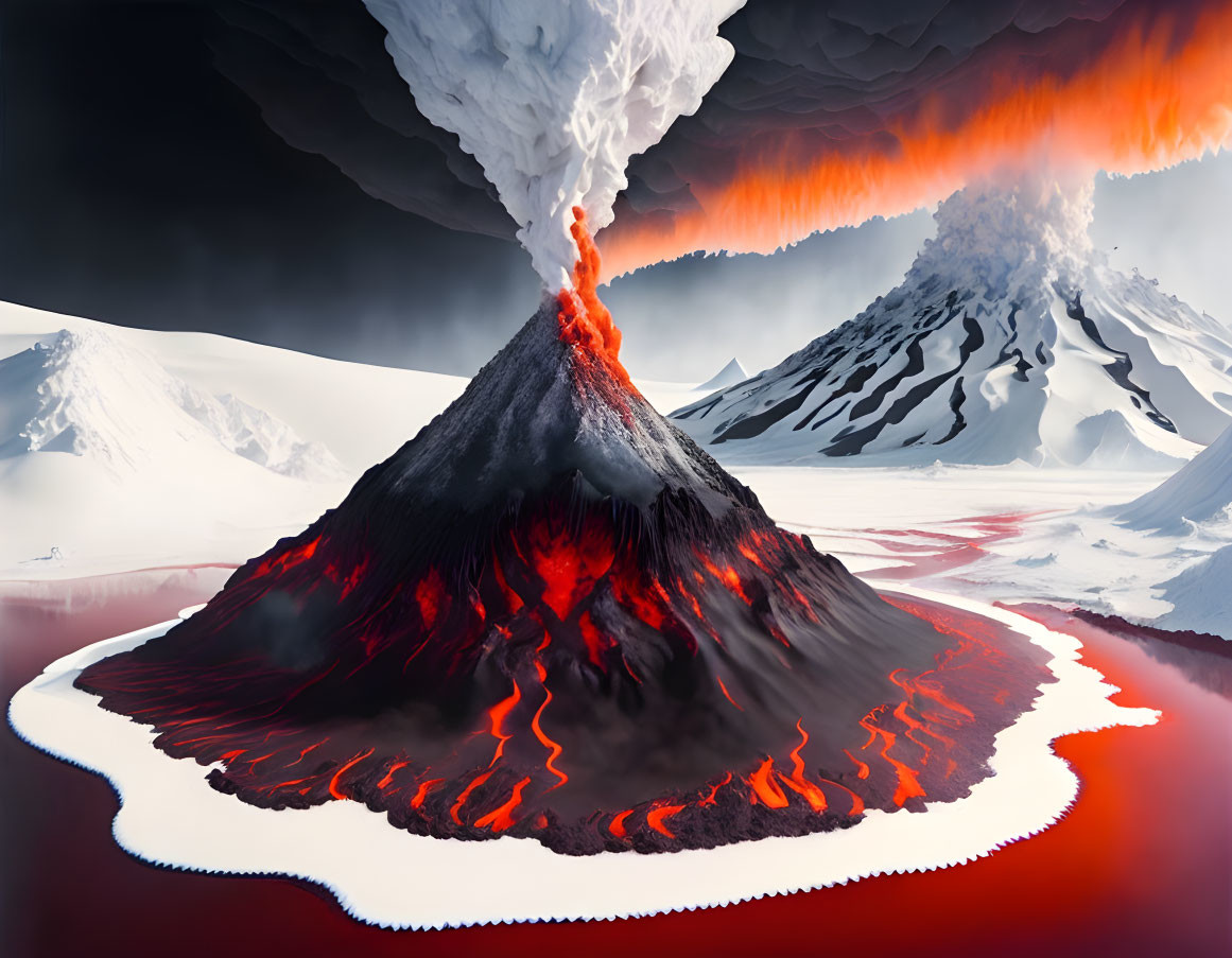 Erupting volcano spewing lava near snow-covered mountains