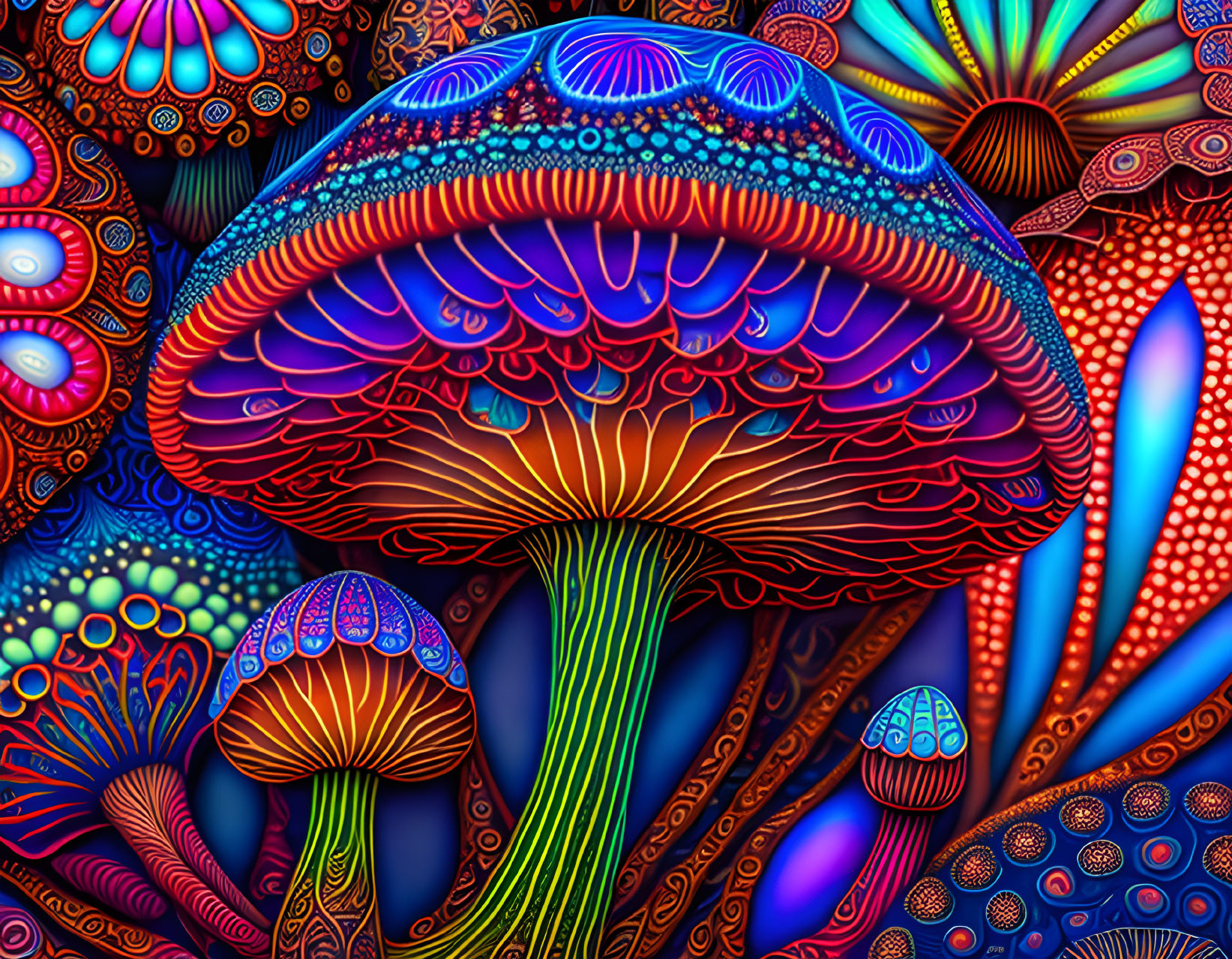 Colorful digital artwork: Psychedelic mushroom patterns in vibrant blues, reds, and oranges