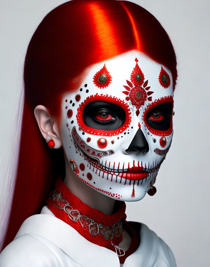 Vibrant red hair and Day of the Dead face paint with red and white tones.