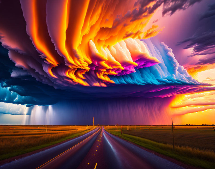 Colorful sky with orange, purple, and blue clouds over straight road and rain in the distance