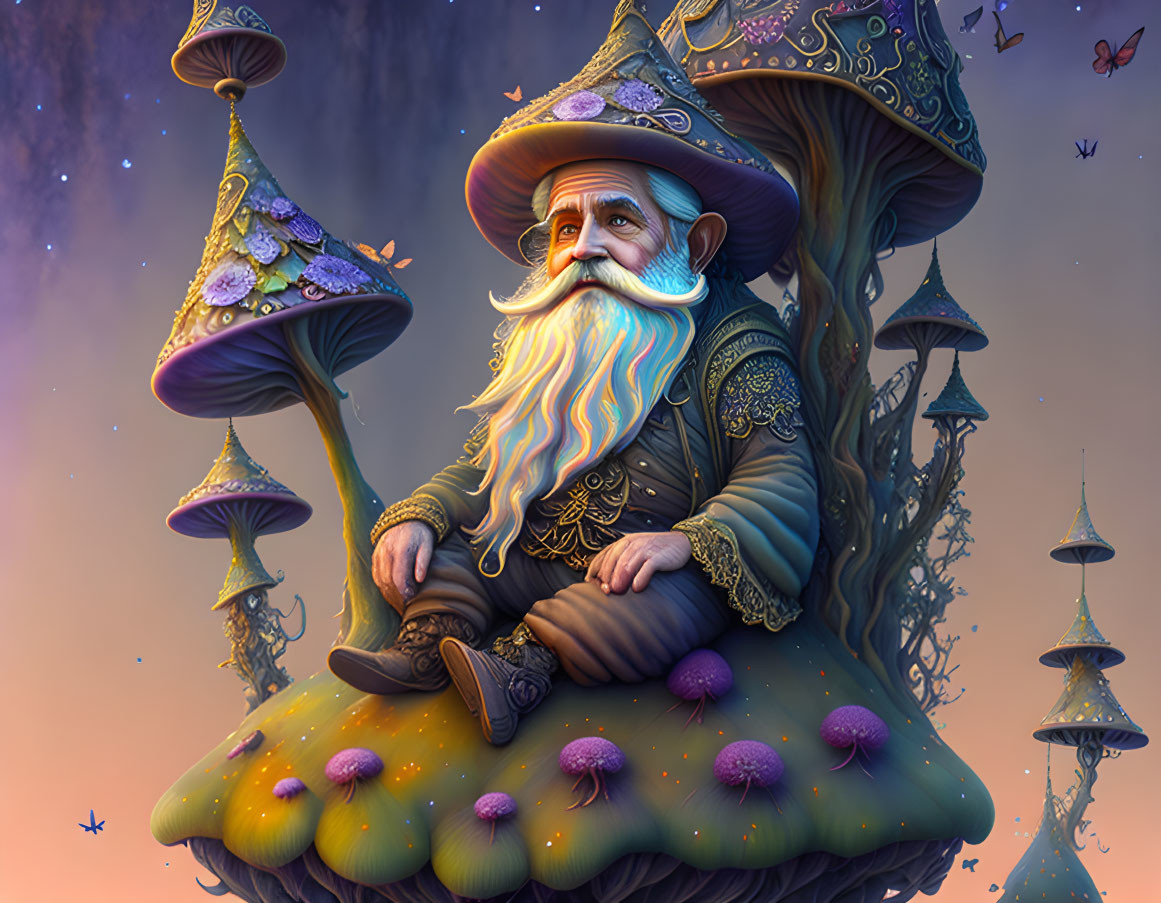 Elderly fantasy gnome on vibrant mushroom in whimsical twilight scene