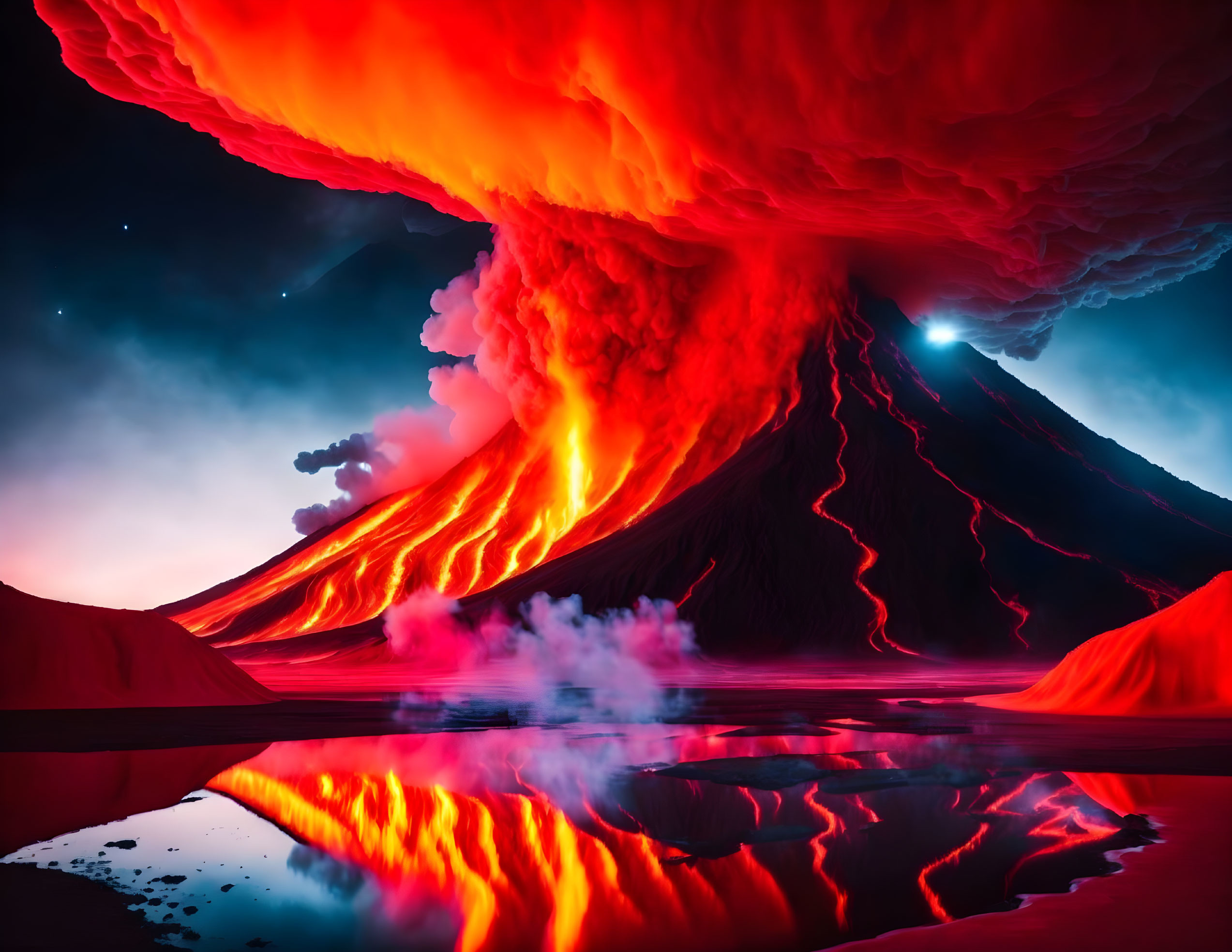 Nighttime volcano eruption with vibrant lava flows reflected in water