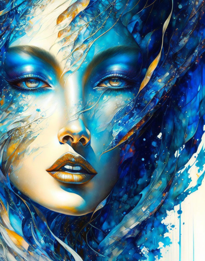 Vibrant digital painting of a woman's face with blue tones and cosmic theme