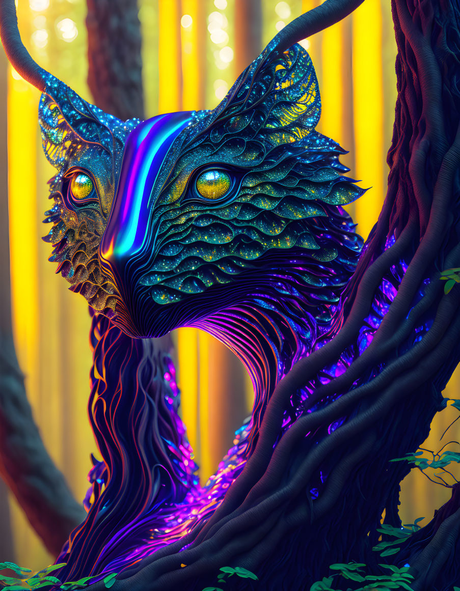 Colorful mythical creature with owl-like face in glowing forest