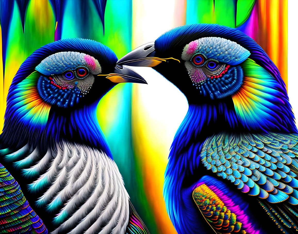 Vibrantly colored digital art: Peacocks facing each other