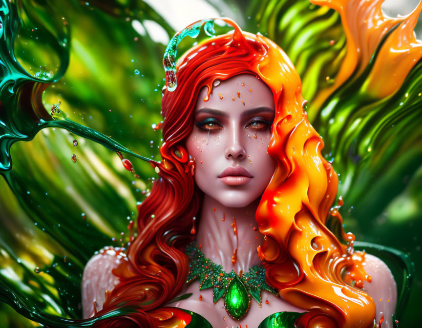 Vibrant red hair and green eye makeup with liquid swirls.