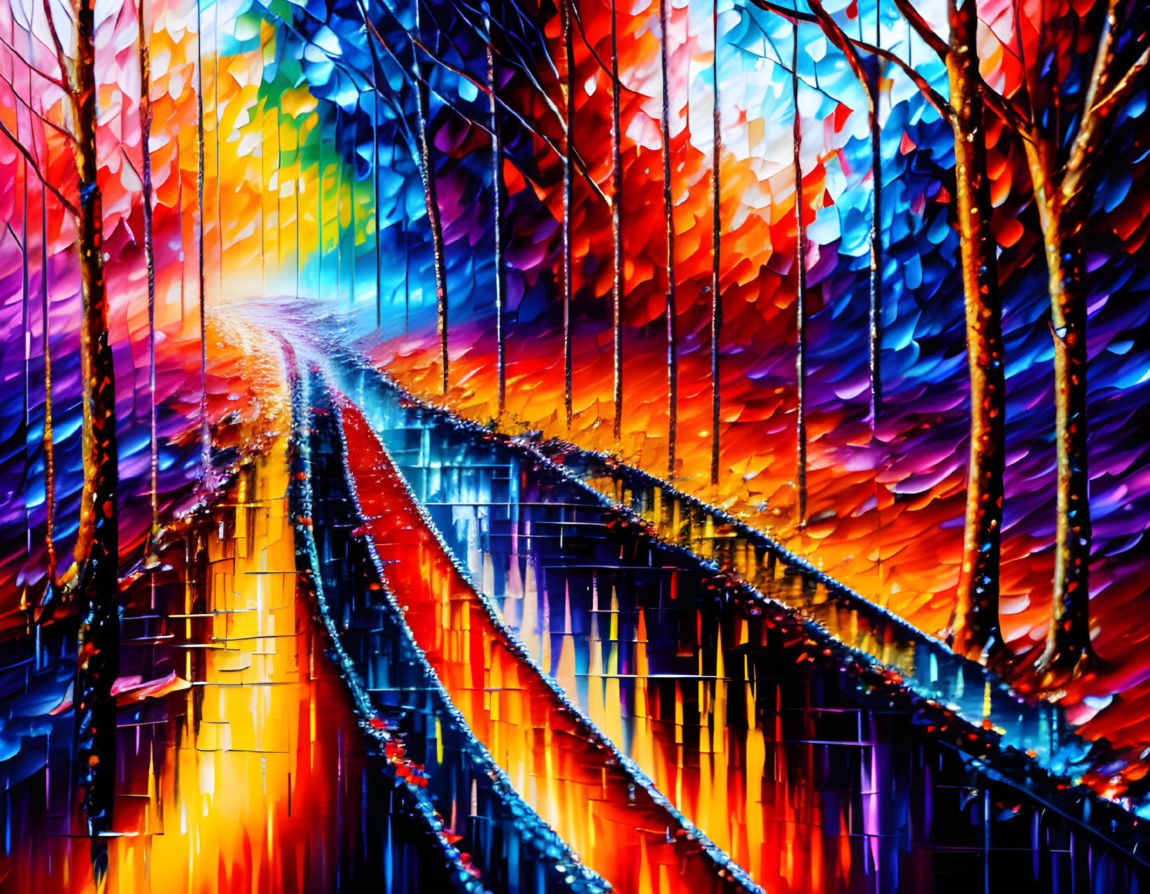 Colorful Abstract Forest Painting with Path and Stylized Trees