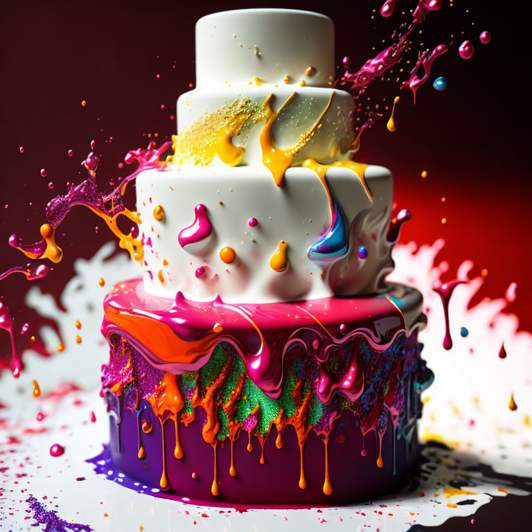 Colorful Multi-Tiered Cake with Vibrant Icing on Red Background