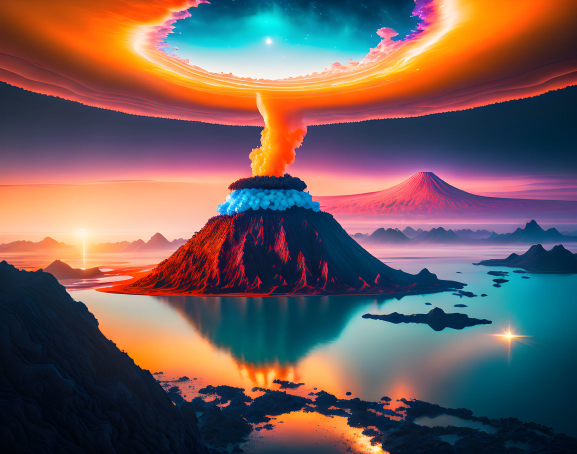 Digital artwork of erupting volcano with glowing lava in starry sky over tranquil lake.