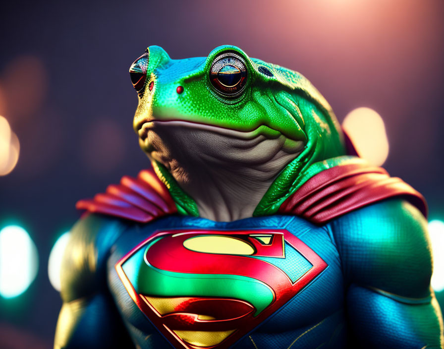 Colorful Frog in Superman Costume with Striking Eyes