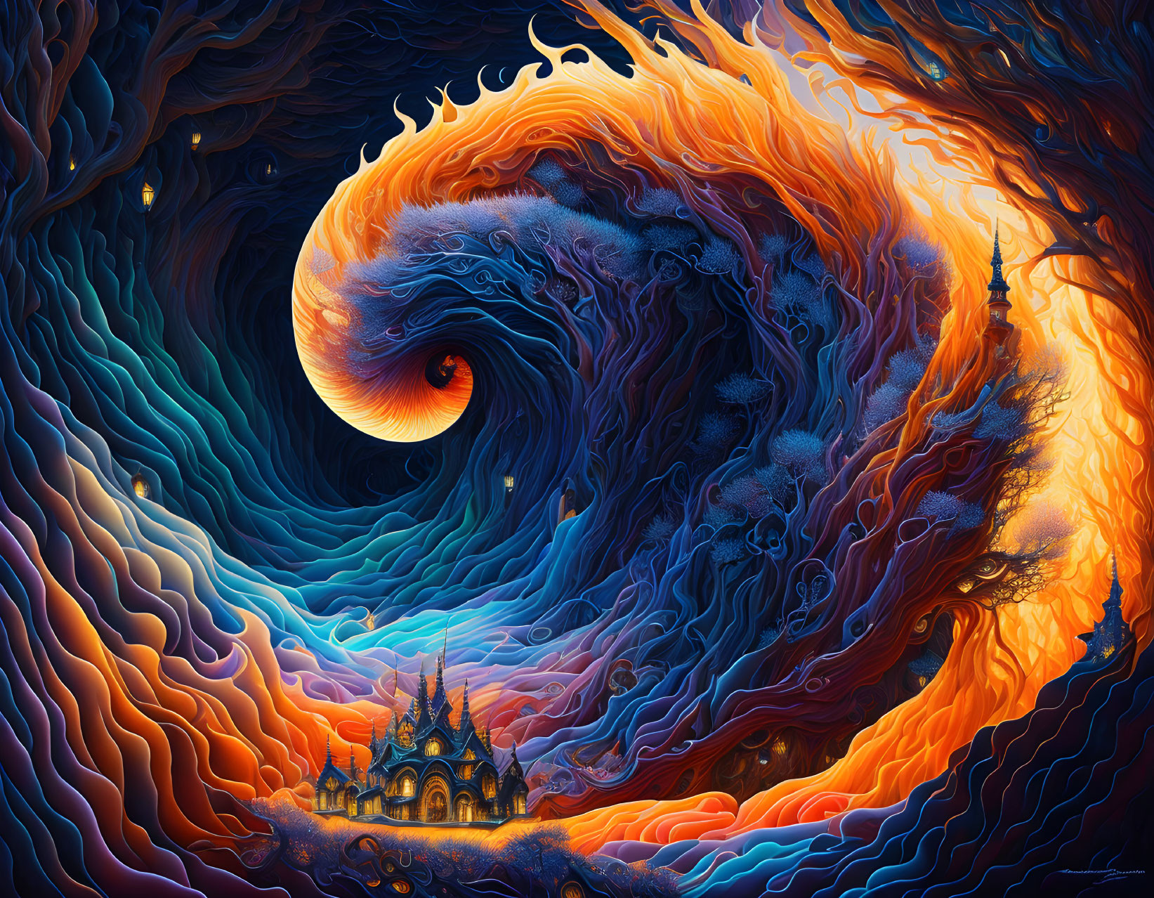 Abstract Painting with Vibrant Blue and Orange Swirling Patterns Surrounding Detailed Structure