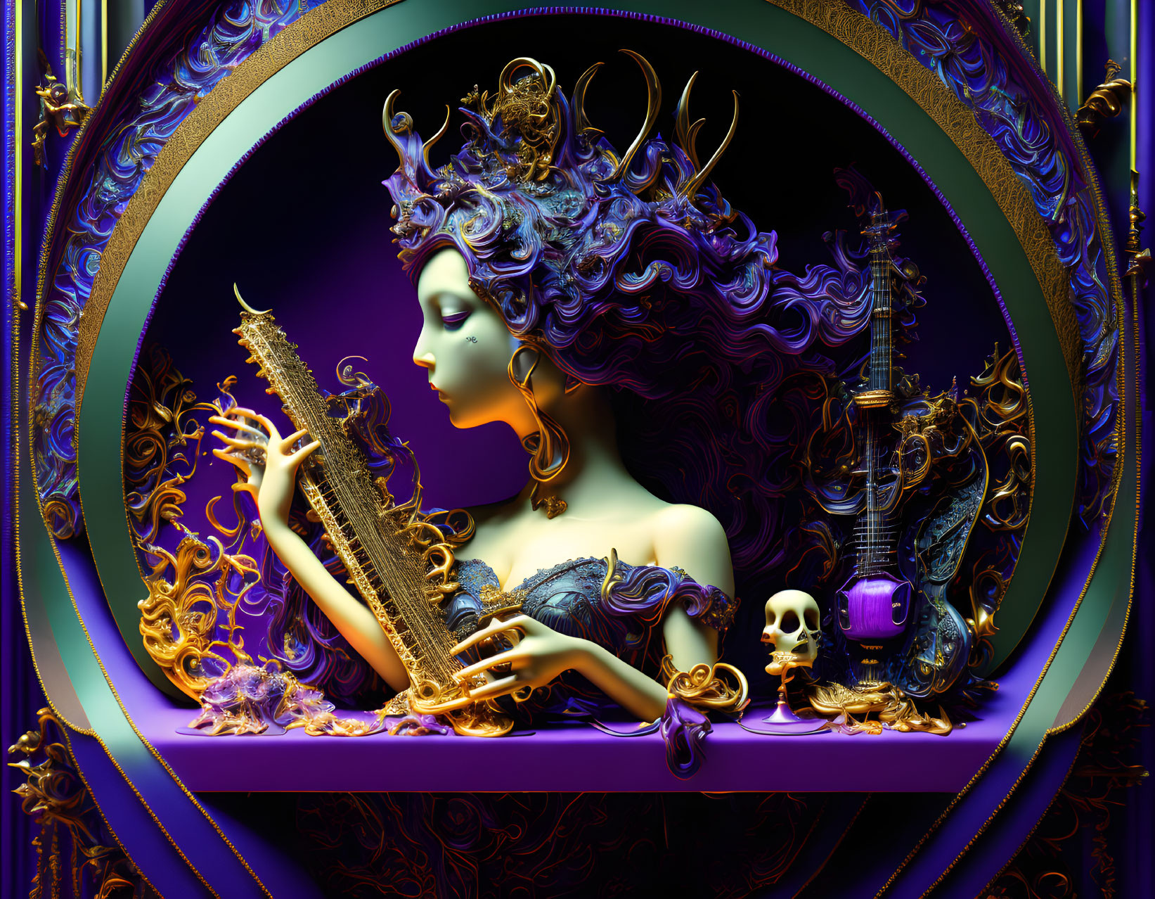 Surreal portrait of woman with purple hair, crown, harp, gothic elements