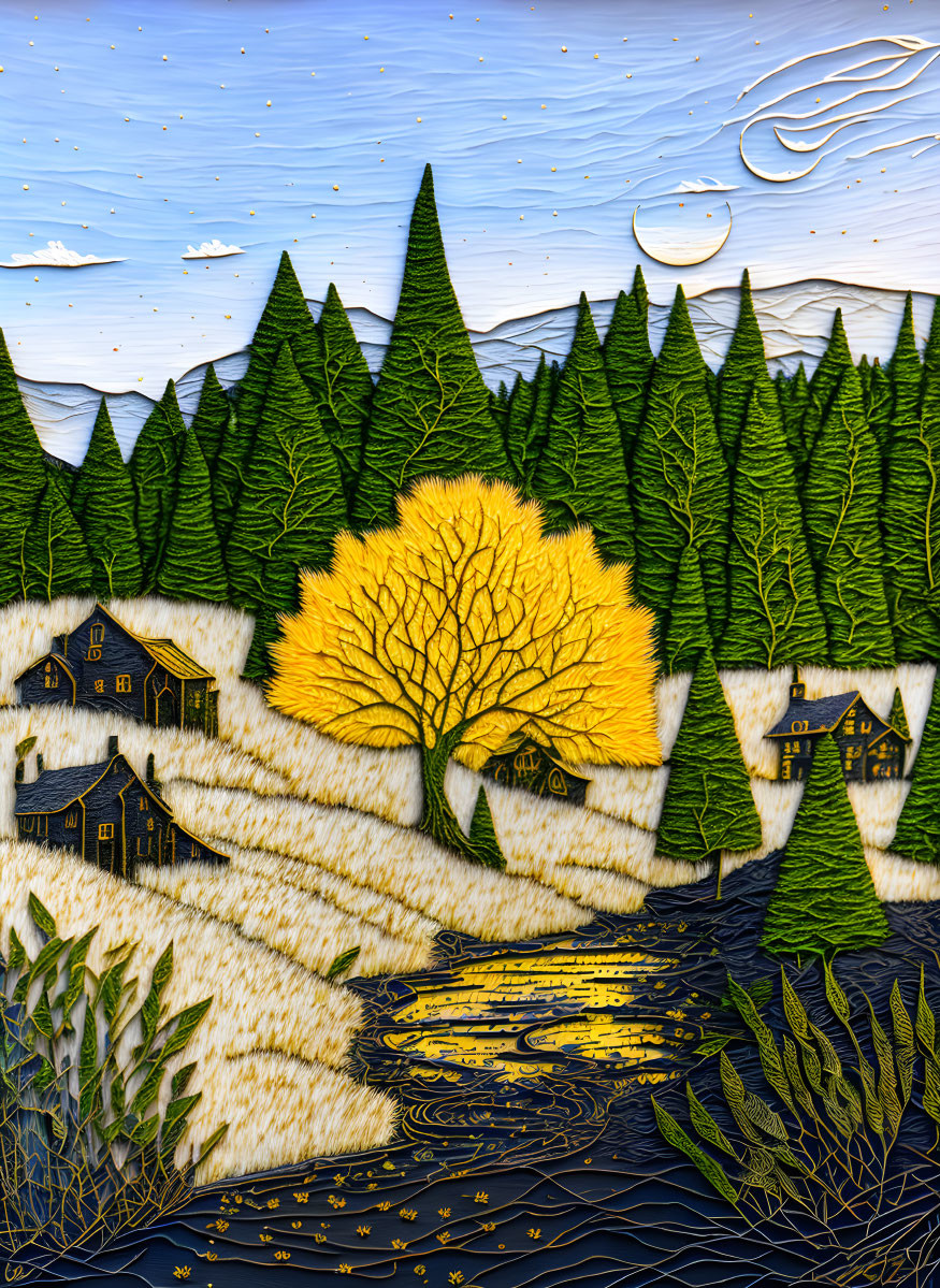 Vibrant landscape with yellow trees, green pines, houses, river, crescent moon