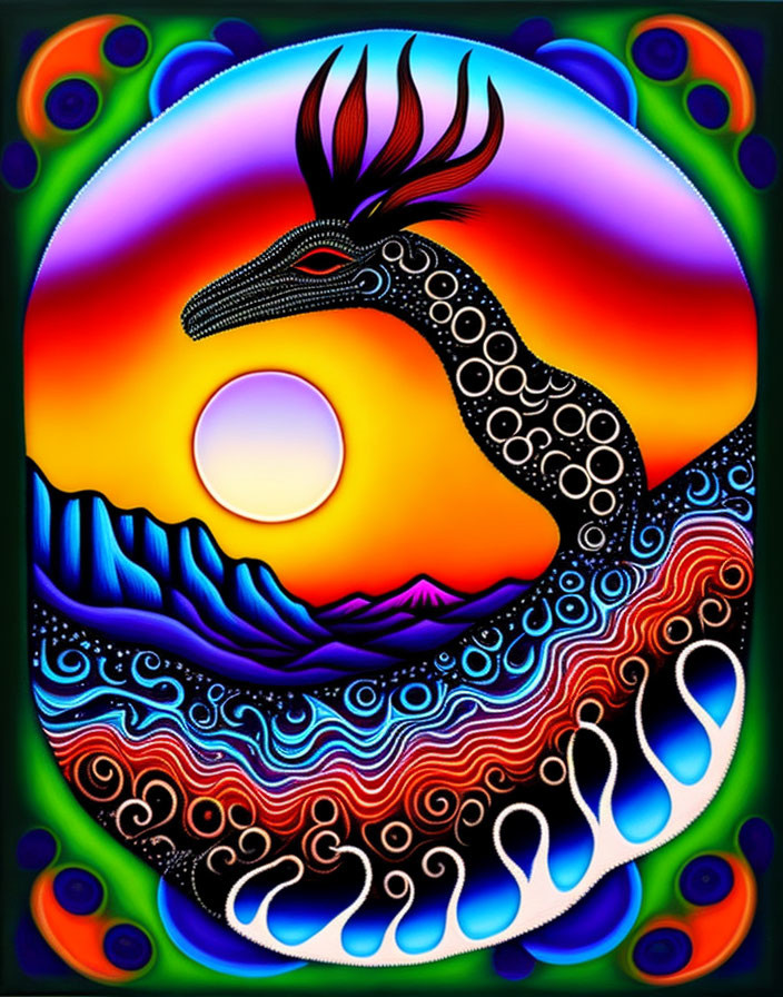 Abstract bird in vibrant swirling colors with mountains and glowing orb