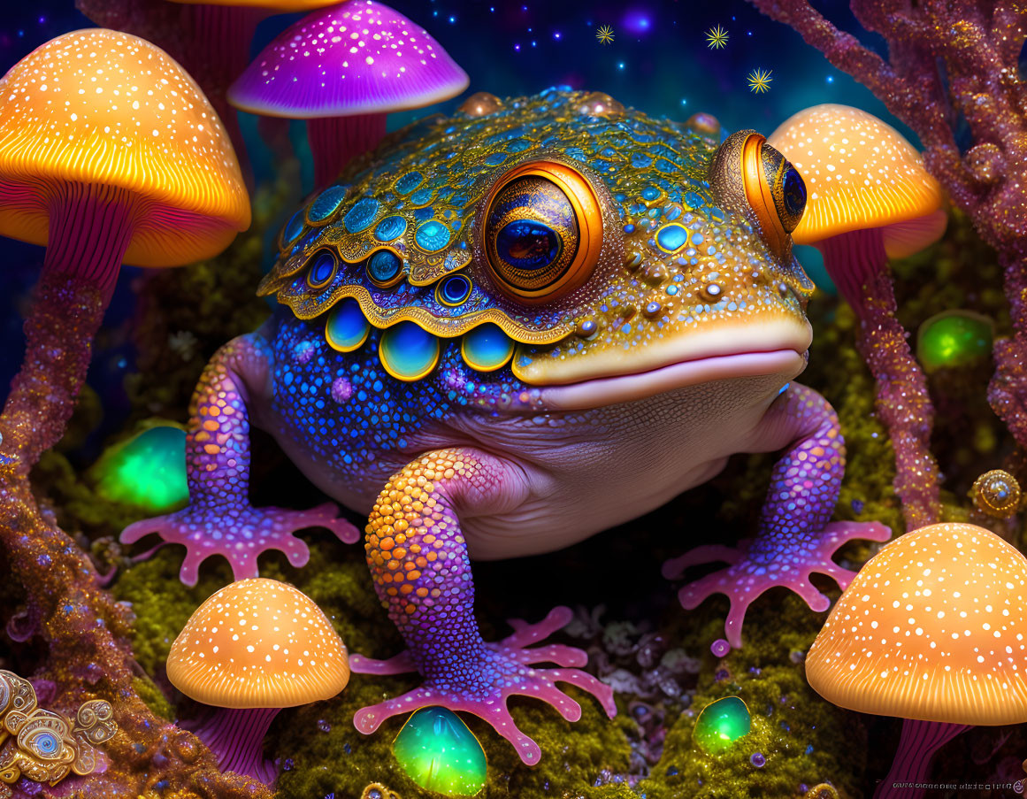 Colorful digital artwork: Fantastical frog with textured skin and luminous mushrooms