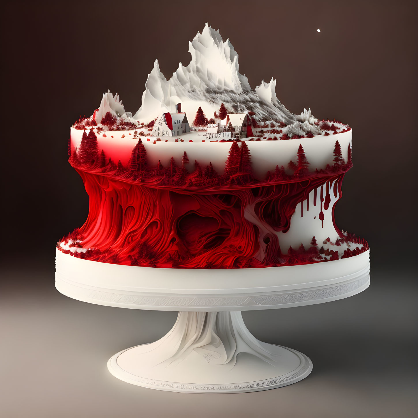 Two-tiered winter village themed cake with red and white icing on white stand