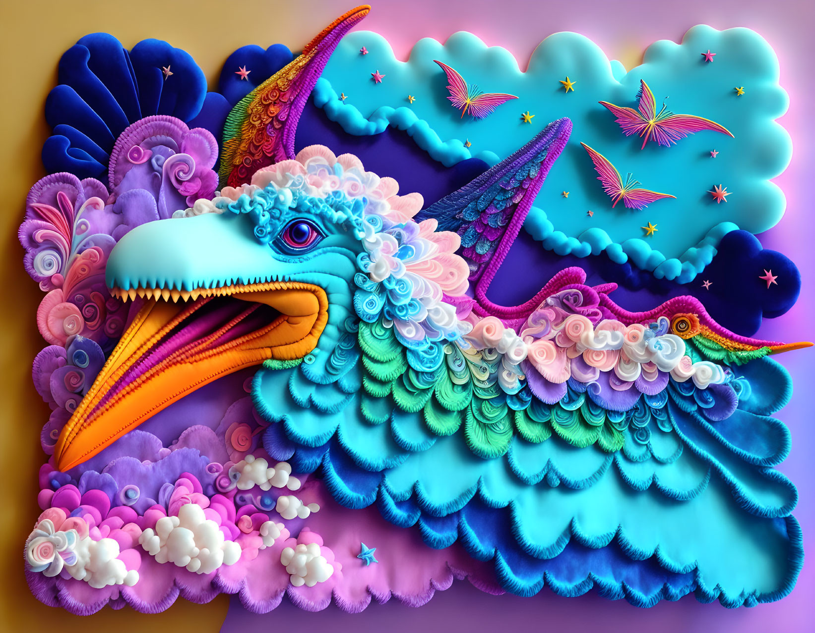 Colorful Mythical Bird Artwork on Celestial Background