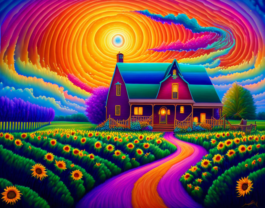 Colorful landscape painting with house, sunflowers, and swirling sky