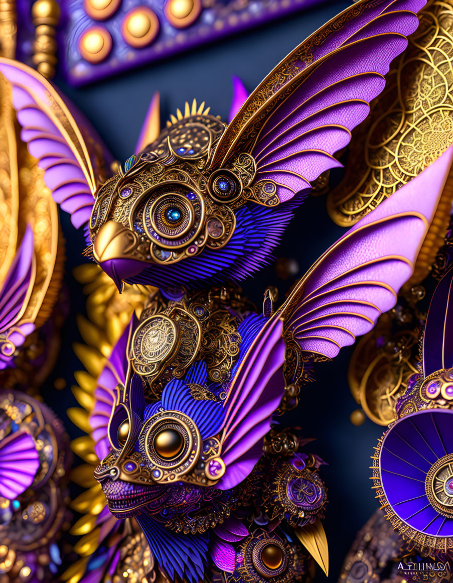 Digital artwork: Vibrant steampunk-themed mechanical owls in gold and purple.