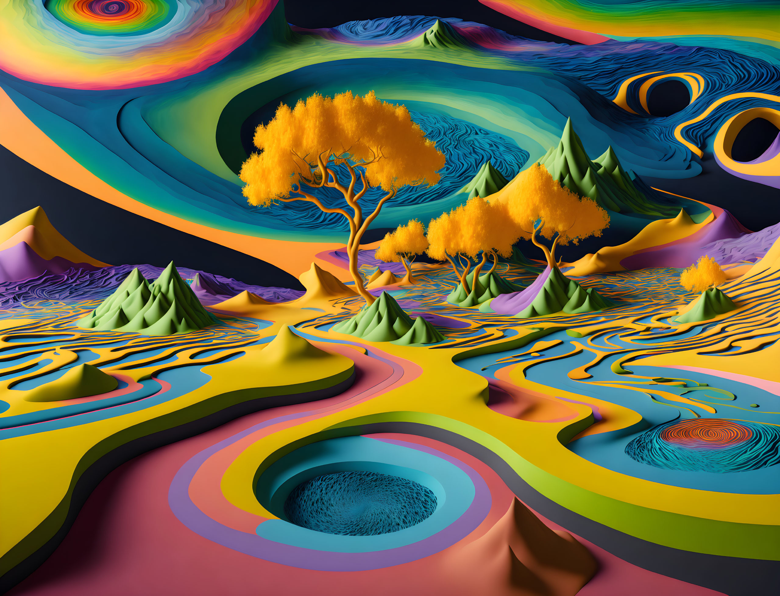 Colorful Surreal Landscape with Layered Contours and Psychedelic Backdrop