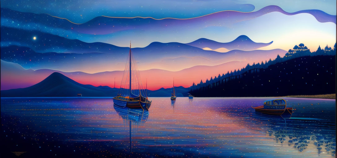 Twilight sailboats on tranquil lake with violet sky