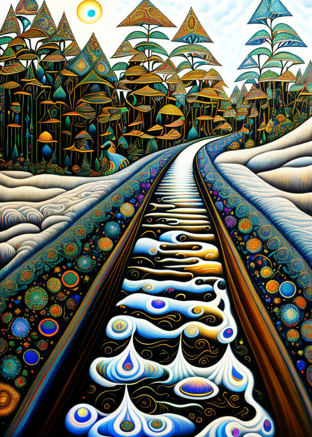 Colorful Psychedelic Painting: Railway Track to Fantasy Landscape