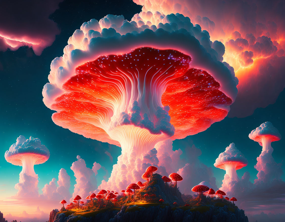 Surreal landscape featuring giant, luminous mushroom-shaped formations under a dramatic sky