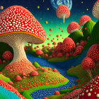 Colorful Psychedelic Landscape with Giant Dotted Mushrooms and Jellyfish Entity