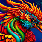 Mythical phoenix illustration with vibrant orange and red plumage on deep blue background