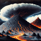 Volcanic Eruption Artwork: Ash Cloud, Lava Flows & Ominous Sky