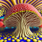 Vivid surreal illustration of red-capped mushrooms on psychedelic background