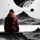 Person in Red Jacket Contemplates Surreal Moonlit Landscape