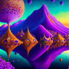 Surreal landscape with purple mountains and golden structures