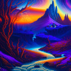 Fantasy landscape artwork: towering mountain, sunset skies, swirling river