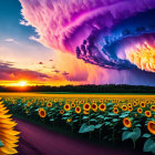 Vivid sunset over dramatic cloud formation and sunflower field