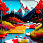 Colorful Trees, Glossy River, Snow-Capped Mountains: Surreal Landscape Scene