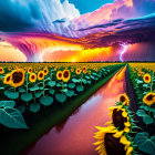 Vibrant sunflower field under dramatic purple and orange sky with lightning.