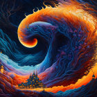 Abstract Painting with Vibrant Blue and Orange Swirling Patterns Surrounding Detailed Structure