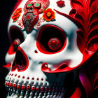 Intricate red and white patterned skull with floral designs and red spiral eye