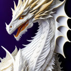 Detailed White and Gold Dragon Illustration on Purple Background