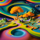 Colorful Surreal Landscape with Layered Contours and Psychedelic Backdrop