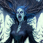 Illustration of monstrous female entity with open fanged mouth in scream against twisted, dark trees