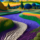 Colorful Stylized Landscape with River and Flora