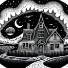 Surreal black and white landscape with houses, swirling clouds, and crescent moon