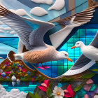 Seagulls flying over branch with vibrant flowers against blue sky and clouds.