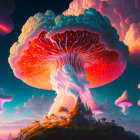 Surreal landscape featuring giant, luminous mushroom-shaped formations under a dramatic sky