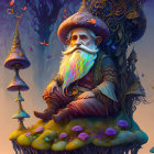 Elderly fantasy gnome on vibrant mushroom in whimsical twilight scene